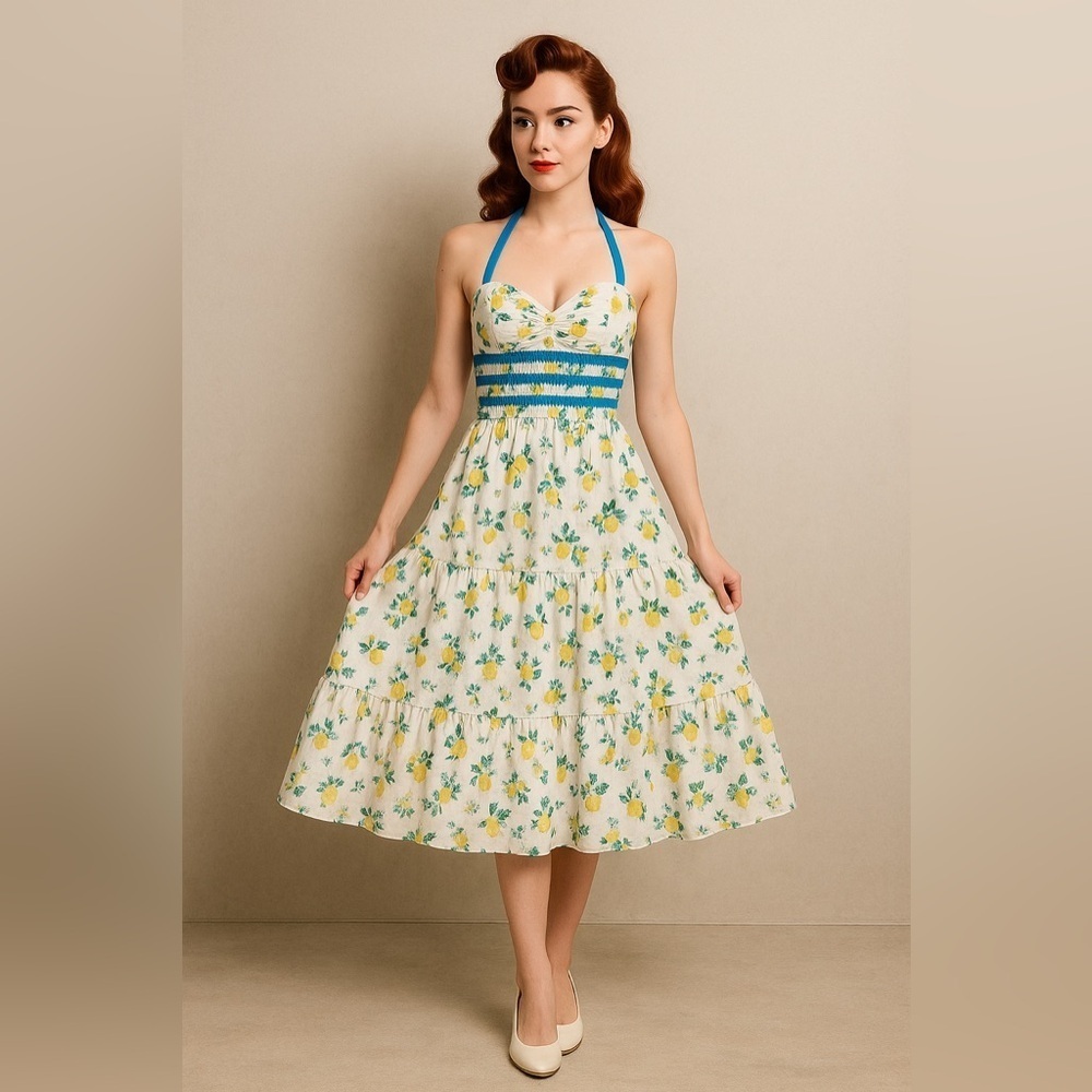 Lemon Floral Halter Dress with Blue Accents 34 bust size small women's midi